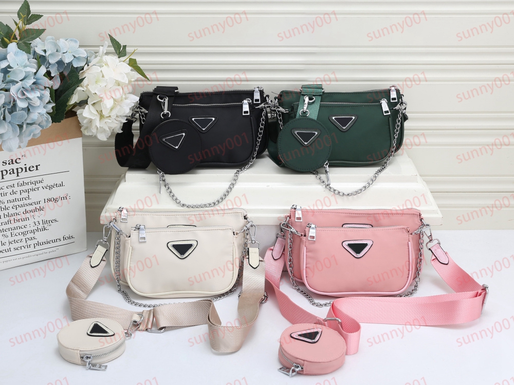 

3Pcs Inclined Shoulder Bag Designer Crossbody Fashion Chain Wallet Multi Layer Purse Joint Pocket Cosmetic Bags Luxury Small Round Coin Bag Accessories, White