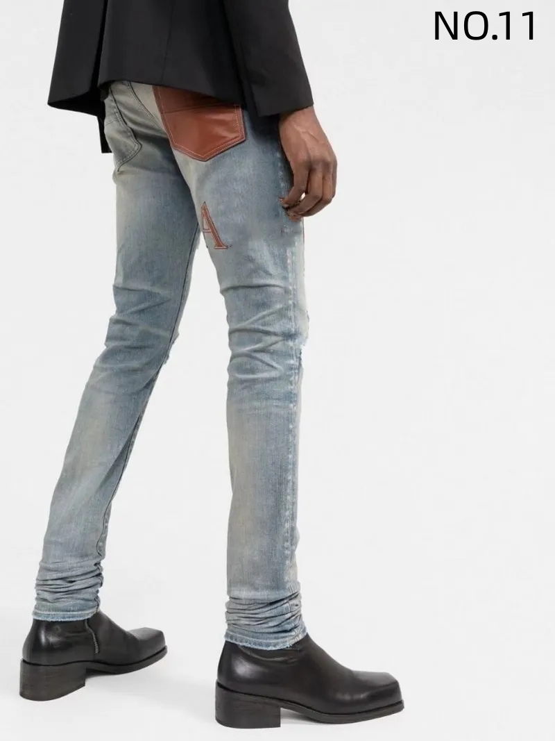 

Jeans Men's Fashion Distressed Ripped Skinny Mens Motorcycle Moto Long Off Cotton Slim Feet High Street Denim Light Blue Paste Cloth Hole Size 40 Pants Hip Hop Men 9A11, No.3