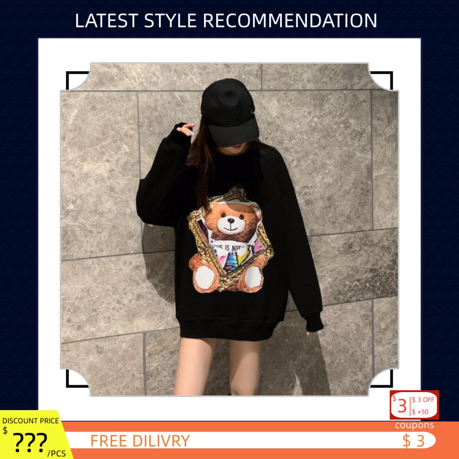 

designer hoodies for women men pullover hoody sweatshirt letter Teddy bear printed long sleeve loose hooded white black 100% cotton Couple's clothing, Black 04
