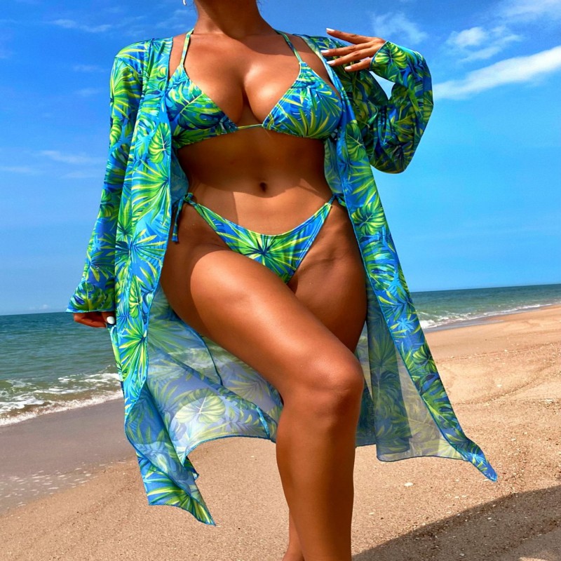

sexy bikini beach bathing suits Tropical leaves women bikini three-piece outside wearing with breast pad is suitable for water sports swimming party