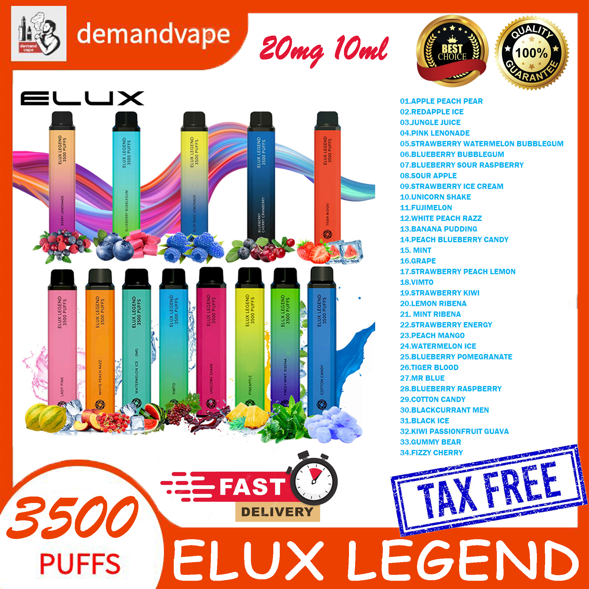 

Elux Legend 3500 Puffs Disposable E Cigarettes Vape Pen 1500mAh Battery Vaporizer Stick Vapor Kit 2% 10ml Pre Filled Cartridge Device 34 Flavors