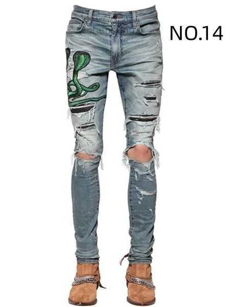 

Mens Skinny Desig 22 Colors Pants Long Hippop Sticker Embroidery Slim Denim Straight Streetwear O1ns, No.15