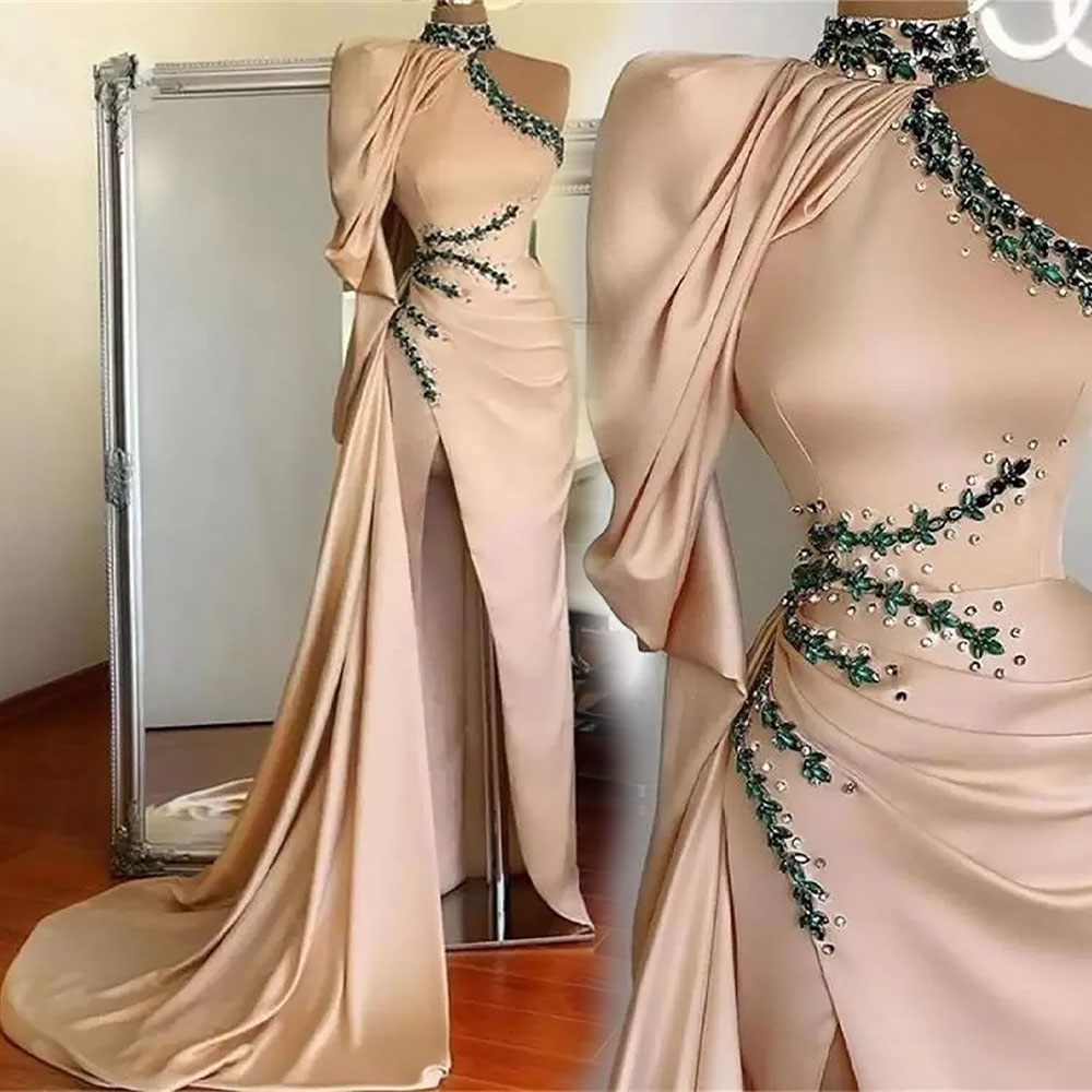 

Prom Party Gown Formal Evening Dresses Custom Plus Size Girls Pageant New Satin Floor-Length Sleeveless High Neck Crystal Beaded Pleat Thigh-High Slits, Orange
