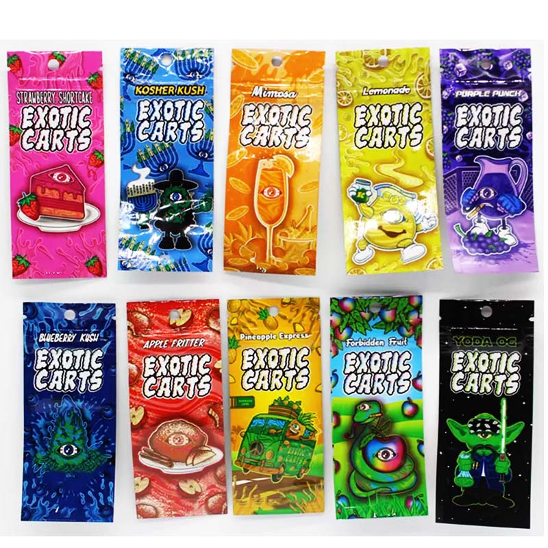 

EMPTY Hologram EXOTICCARTS 1ml Vape Cartridge Packing Bag Fruit Flavor Packaging Mylar Smell Proof Bags