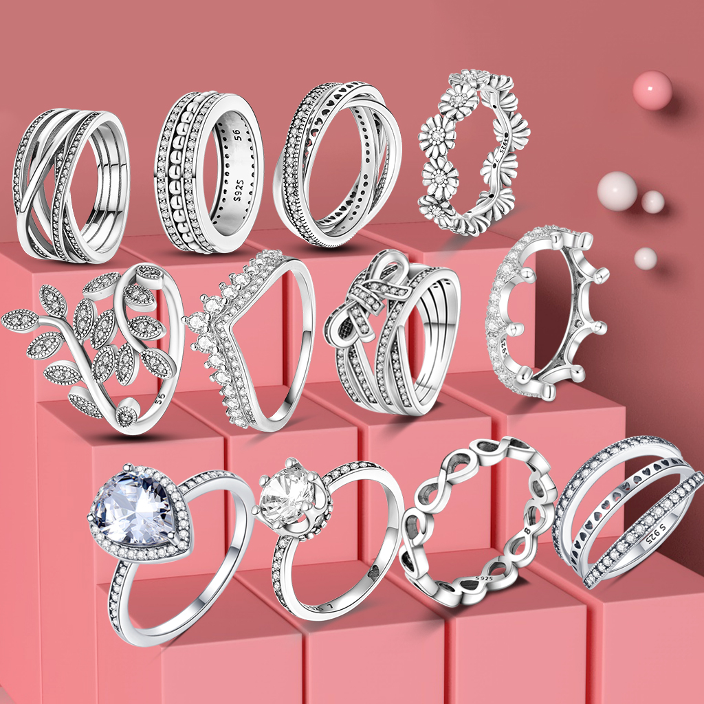 

925 Silver Women Fit Pandora Ring Original Heart Crown Fashion Rings Princess Tiara Crown Sparkling Love 432444