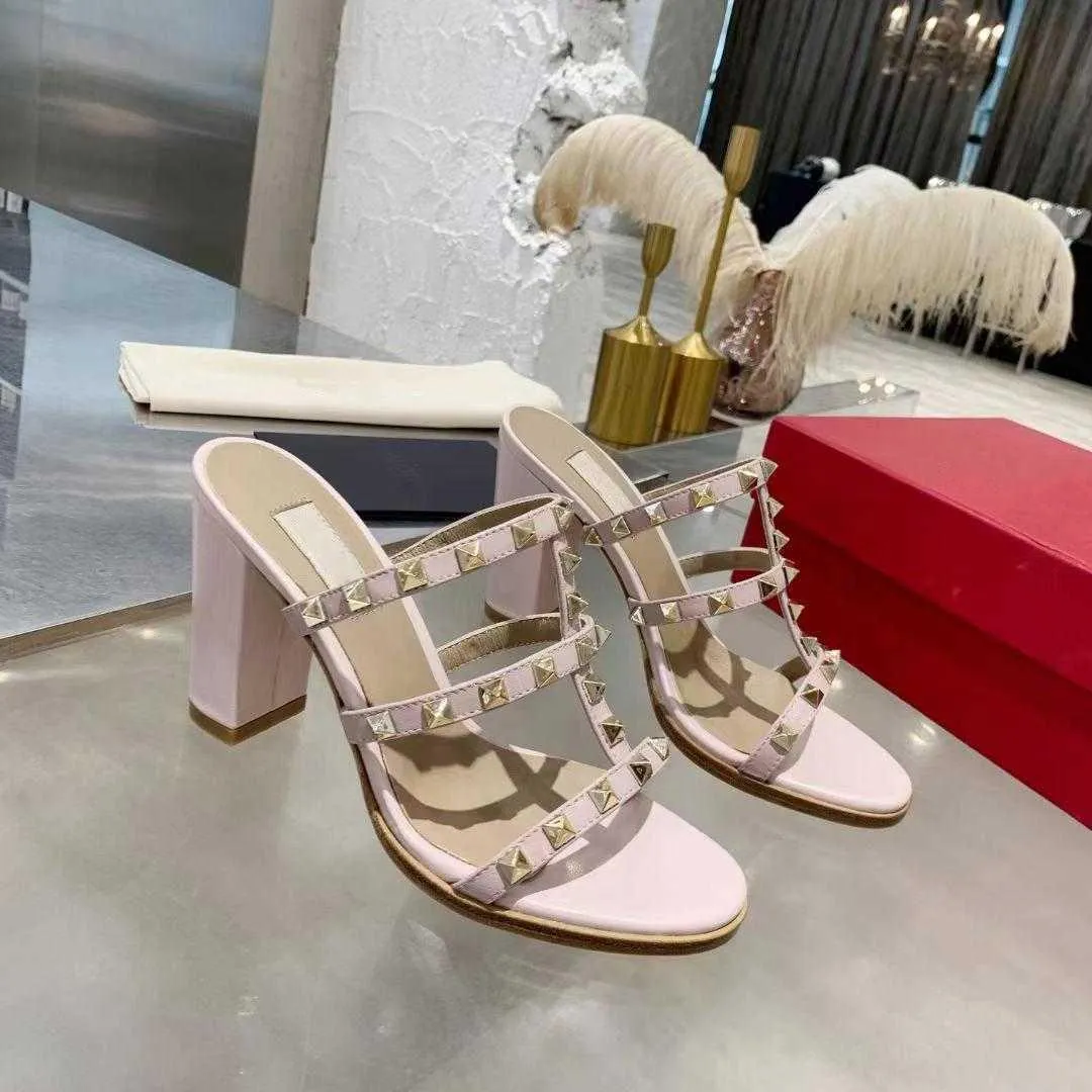 2023 brand women high heels sandals designer studded slippers leather studded pumps nude ankle straps strappy wedding prom 9.5cm-image-846868416