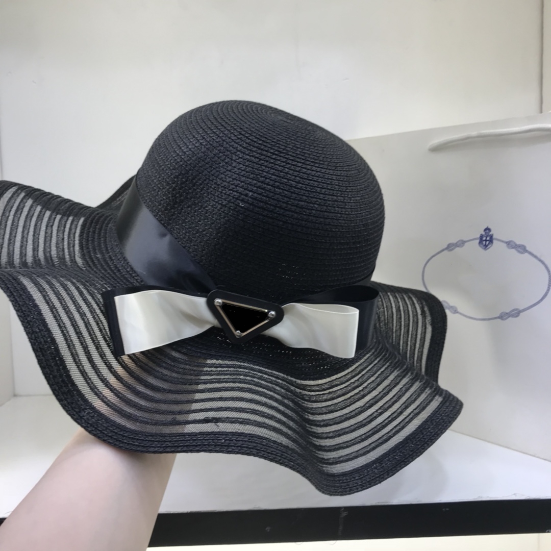 

Fashion hat women's octagonal head circumference Fisherman PP hairy Summer sunshade fisherman hat flower Triangle tour Big brim beach hat grass weaving, Black