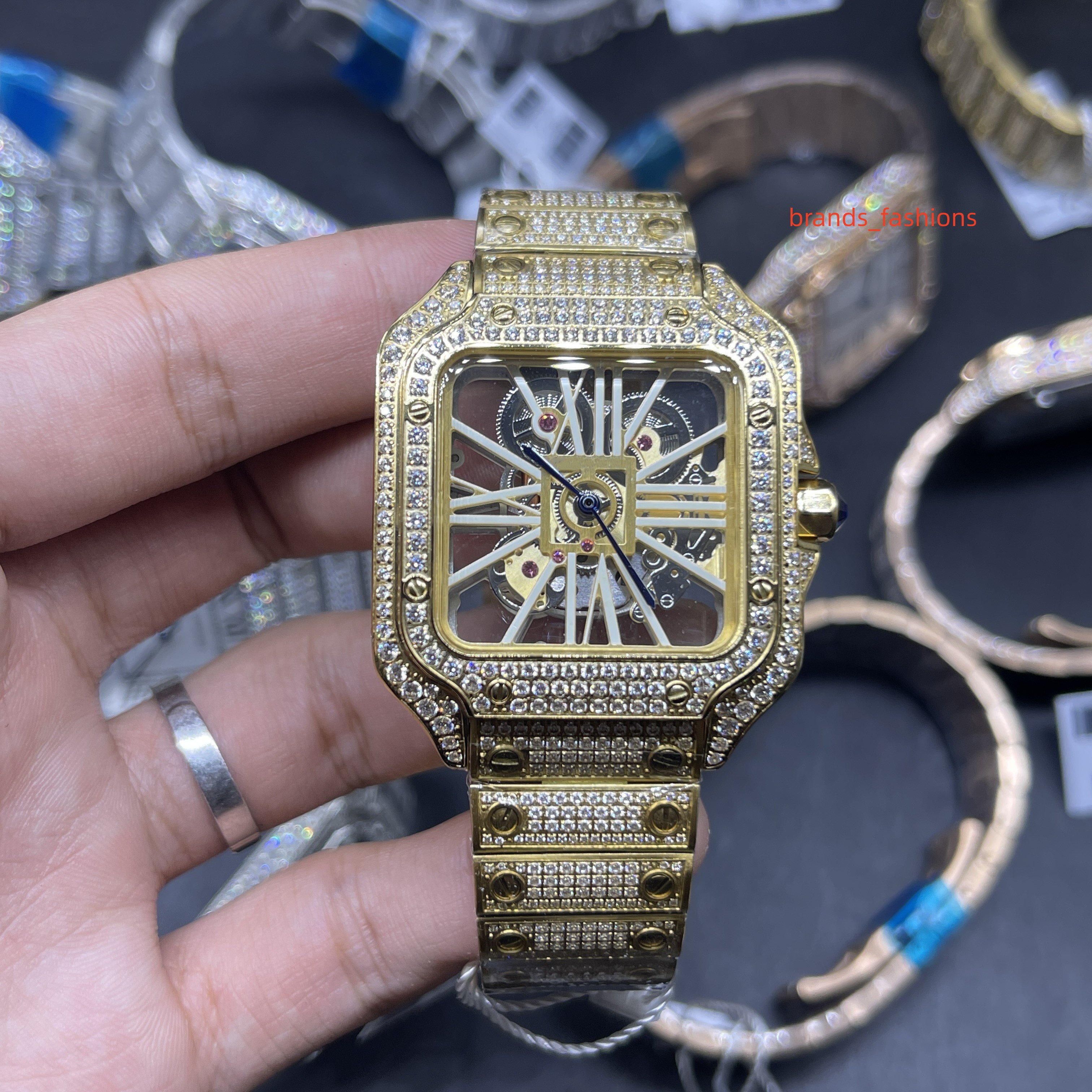 

skeleton see-through dial watch Gold stainless steel case watches quartz movement Men's New Ice diamonds watch