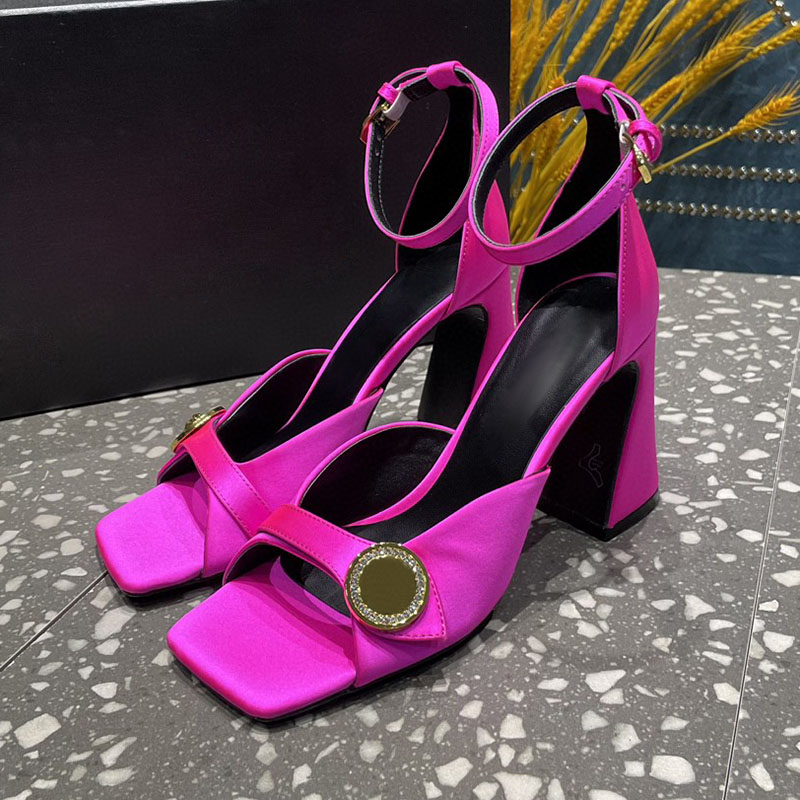 

Satin dress shoes for womens Luxury Designers Round buckle decorative ankle strap sandal Open toe slingbacks Pumps 9cm high heeled sandals 35-42 women shoe with box, Blue