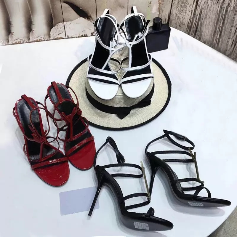 

women Sandals party fashion 100% leather Dance shoe new sexy heels Super 10cm Lady wedding Metal Belt buckle High Heel Woman shoes Large size 35-40-42 With box