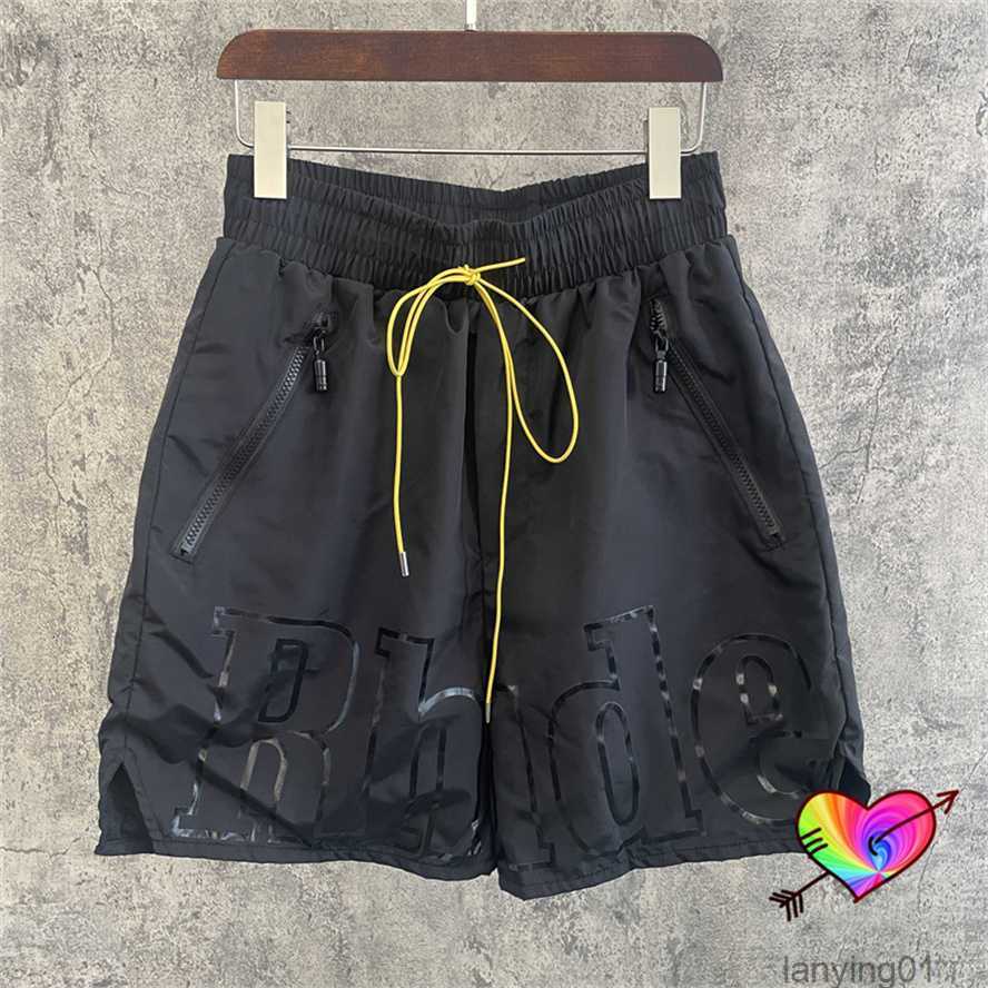 

Rhude Black Shorts Men Zip Yellow Drawstring Big Graphic Loose Mesh Nylon Breeches Ilc3 N7r9