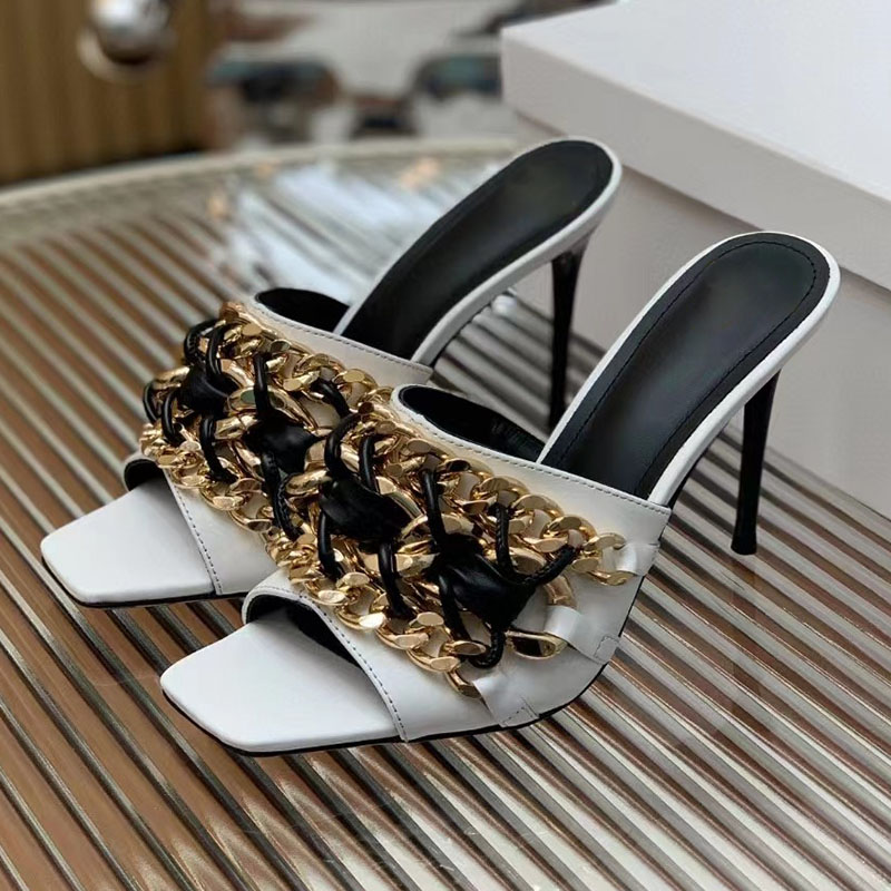 

The latest metal chain slippers Fashion Leather Mules Women Stiletto Heel sandal Luxury Designer Dress shoes 10cm Evening shoes factory footwear big size 35-42 box, Black