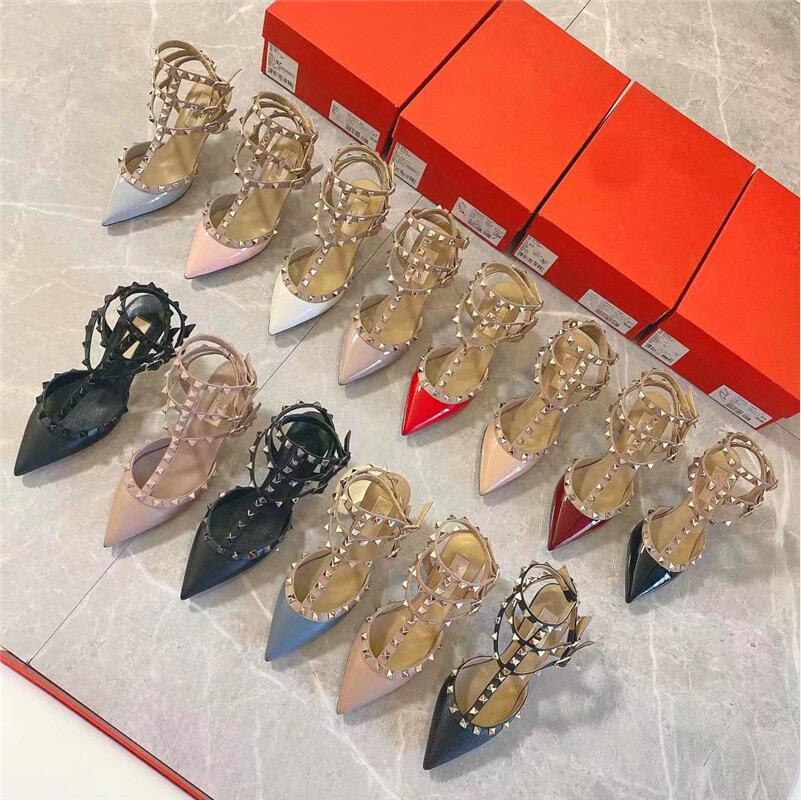 

Designer Women Sandals Stud Buckles High Heels Dress Shoes Patent Leather Point Toe 3-Straps Ankle Ladies Sexy Rivets Neon Color With Dust Bags No Box Big Size 35-44, All black with black rivet