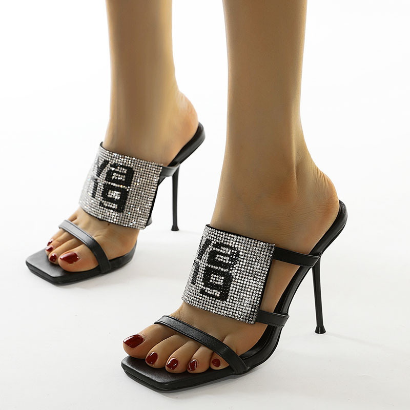 

Sexy Rhinestone Women's Clear High Heels Slippers Summer Party Dress Shoes Female Crystal Sandals, Black