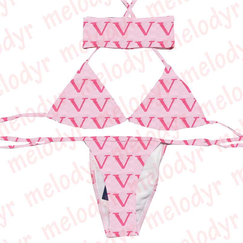 

Sexy Bikini Set Letter Bathing Suit Outdoor Sport Womens Bra Swimsuit Three Piece Beach Swimwear, Pink