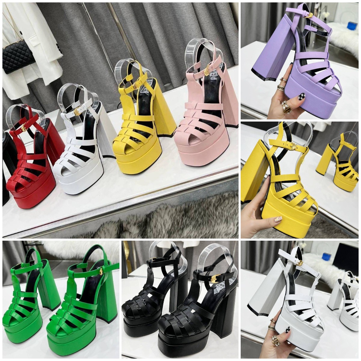 

2022 new square toe super heeled sandals rhinestone ankle loop OB02 fashion block heel sexy platform Roman women's shoes 15cm, Extra sandals dust bag