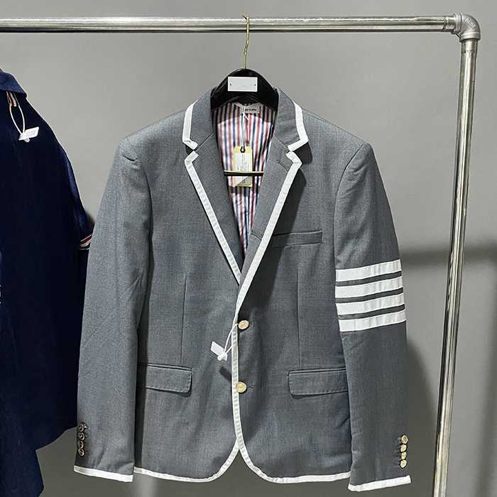 

2023 Fashion TB THOM Brand Formal Blazer Men British Casual Suit Men's Jacket Spring Autumn Single Breasted Striped Solid Coat, Gray