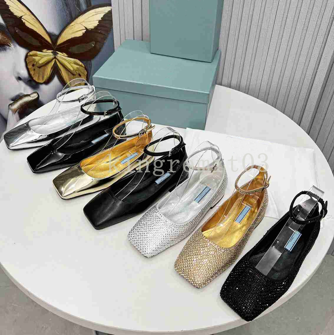 

Designer Sandals Ballet Flats Milano Metallic Leather Loafers Shoes Women Ankle Strap Square Toe Shoes Fashion Rhinestones Patent Leather Sandal With box