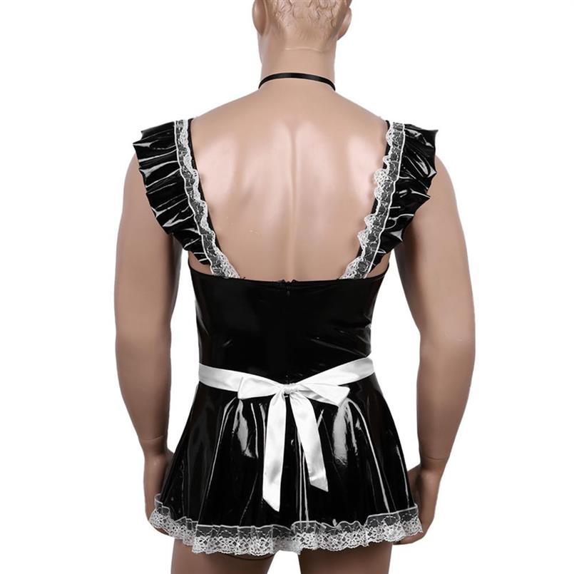 

Mens Halloween Cosplay Costume Erotic French Maid Uniforms Male Sissy Roleplay Lace Trim Babydoll Mini Dress with Apron Neckwear181i