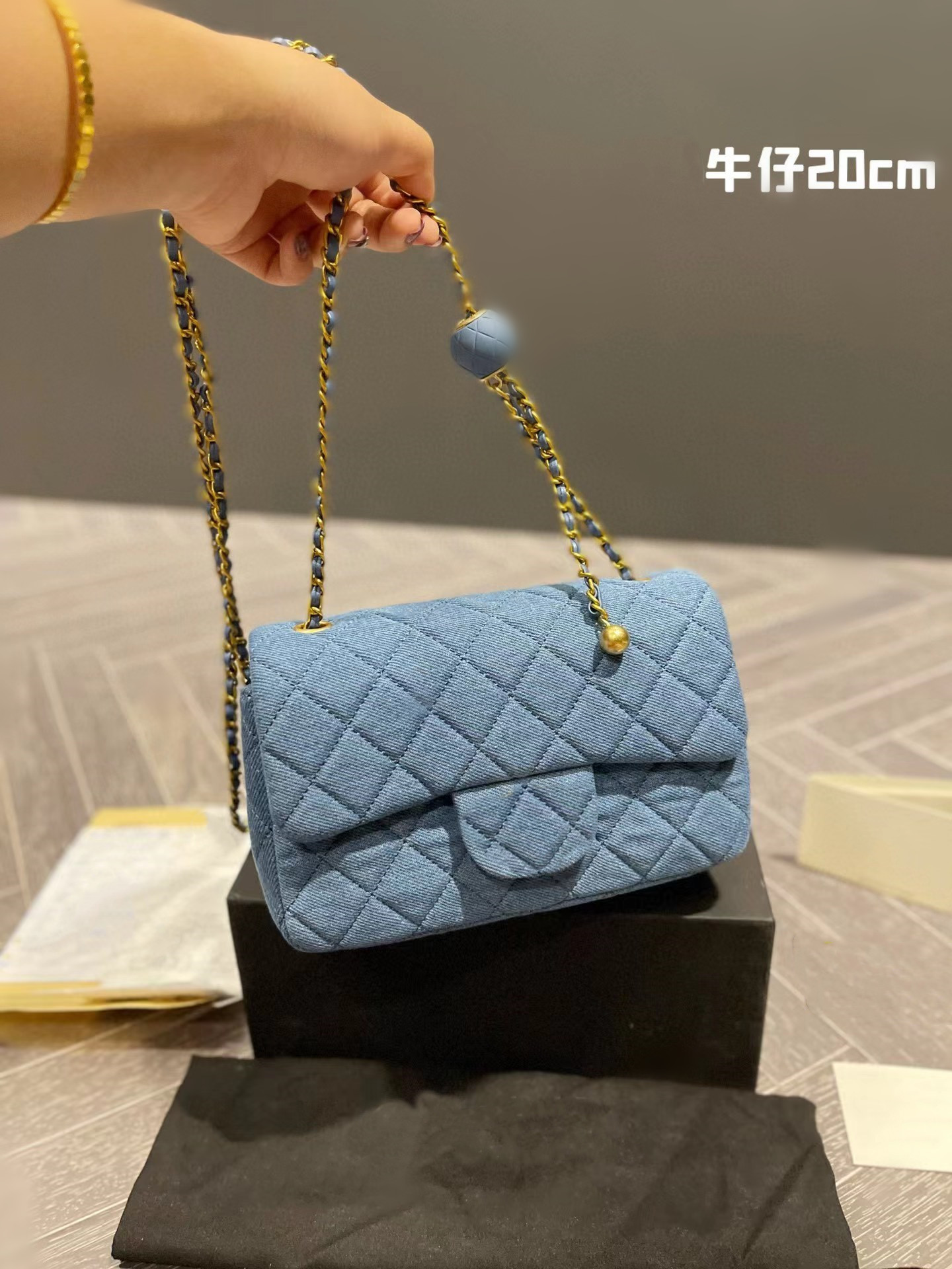 

20CM Golden Ball Denim Messenger Bag Chain Women's Bag with box, Blue