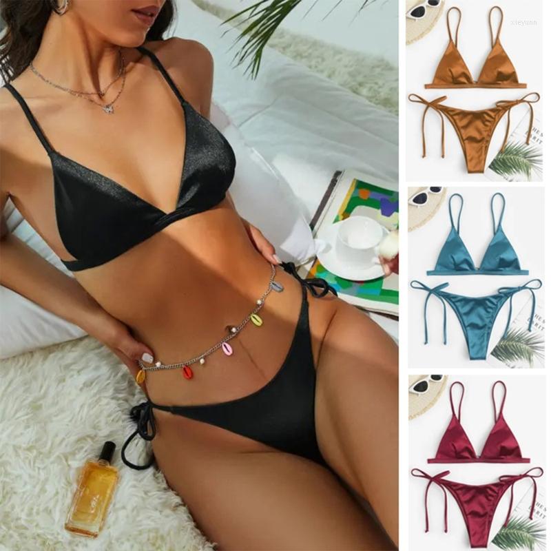

Women's Swimwear Women's Bikini Set Sexy Tie Side Triangle-Bathing Suit Backless Swimsuit Metallic Two Pieces For Vacations, Coffee color