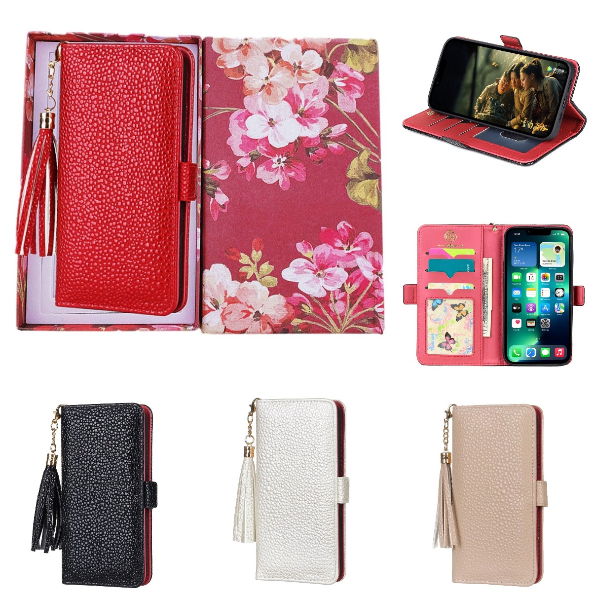 

Designer Luxury Leather Phone Cases for iPhone 14 13 Pro Max 12 Mini 11 Xs XR 7 8 Plus SE Fashion Caviar Lychee Pattern Card Holder Stand Brand Wallet Flip Cover, Gift box