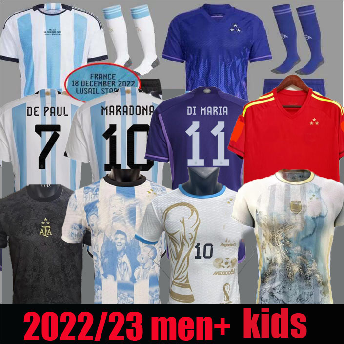

3 Star 2022 Argentina soccer Jersey fans player version DYBALA AGUERO MARADONA DI MARIA J. ALVAREZ champions goalkeeper pre-match Men Kids kit socks football shirt, 3 star home kids