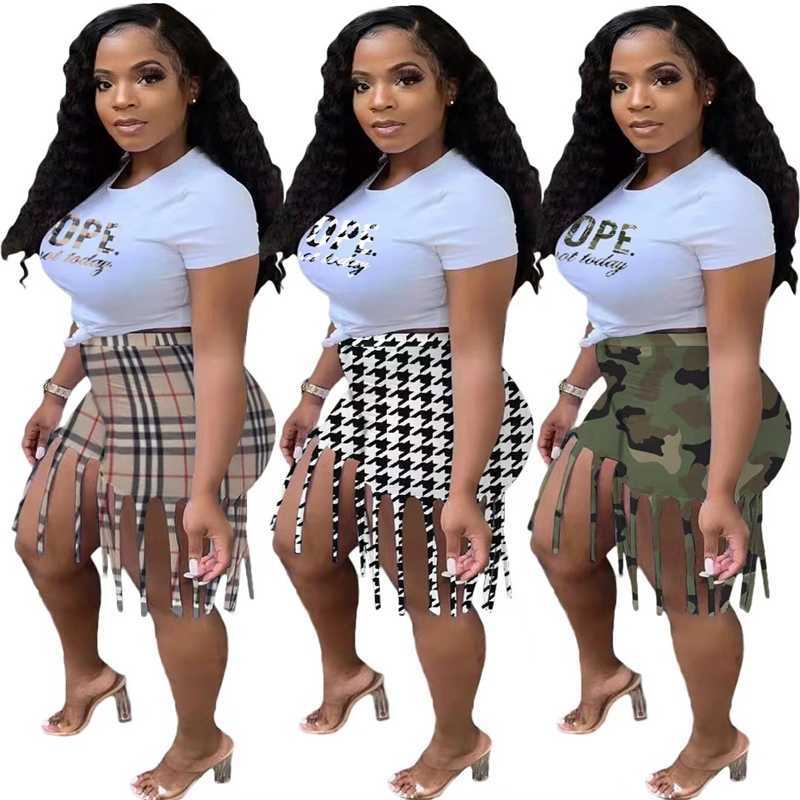 

Designer Womens Tracksuits Two Piece Set Fashion Short Sleeve Printed T-shirt And Tassel Shorts Casual Jogger Suit, Houndstooth