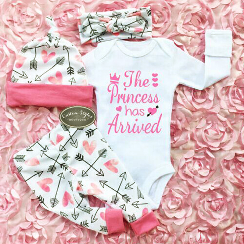 

Baby Girls Clothing Sets Newborn Clothes Floral Tops T-shirt Romper Long Pants Hat Cap Headband Outfits 4PCS/Set, As picture
