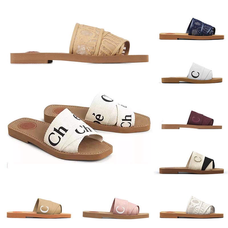 2024 Free Shipping top Woody sandals womens Mules flat slides Light tan beige white black pink blue lace Lettering canvas slippers womens summer outdoor indoor 35-42 