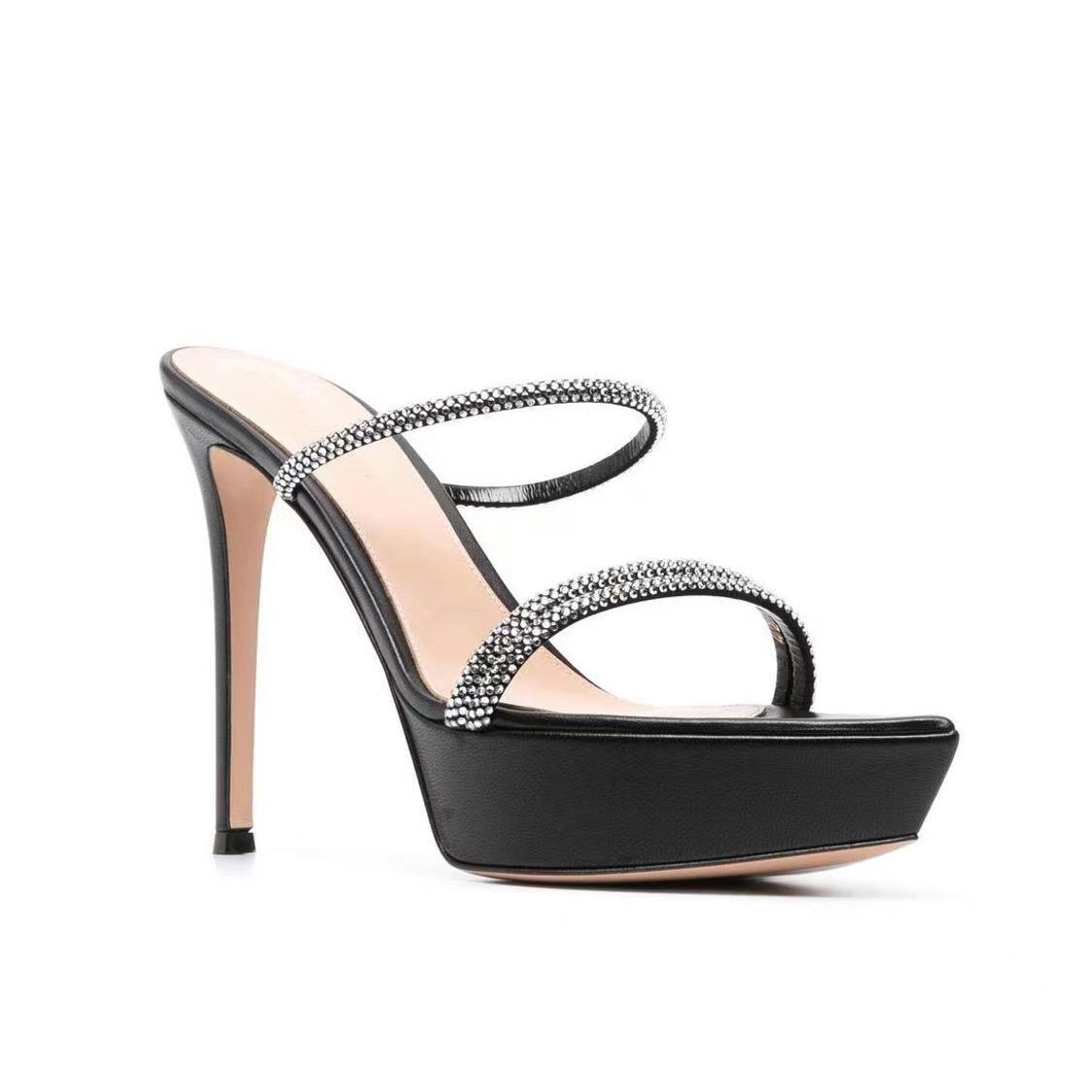 

Gianvito Rossi Rhinestone embellished strap slippers mules Platform stiletto sandals slipper slides slip-on pointed end open toe for women Luxury Designers shoes, Nude
