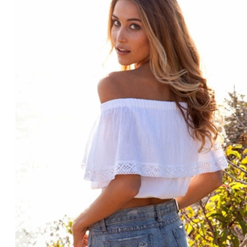 

Wholesale-summer 2023 bohemian white crop top for women off shoulder lace splice t shirt camisetas y tops cuello slash women clothing sale, White tops