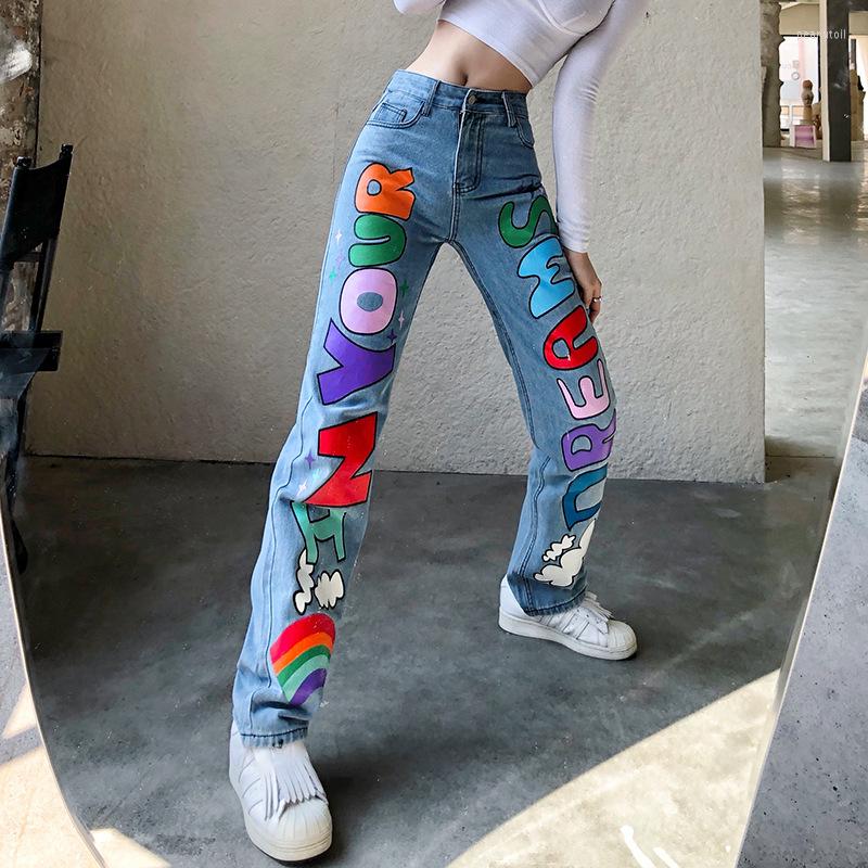 

Women's Jeans Y2k Letter Print Women High Waist Baggy Fashion Streetwear Vintage Straight Trousers Female Cargo Denim Pants Harajuku, Blue