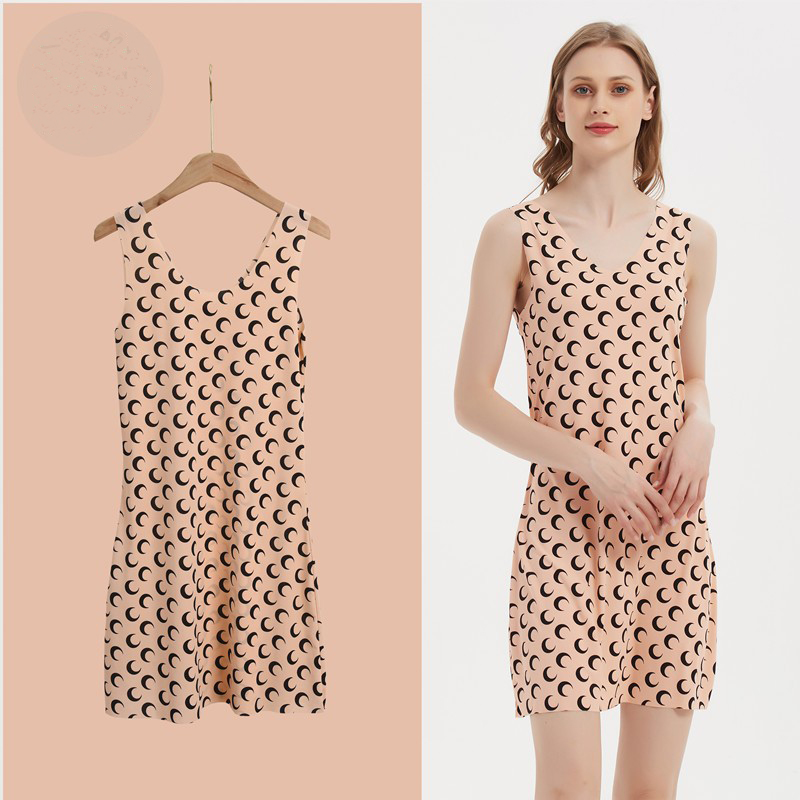 

New Womens Dress Feminine Moon Pattern Pajamas Women Summer Ultra-thin Traceless Ice Silk Vest Skirt Occidental Sexy Sleepwear -XXXL, Khaki