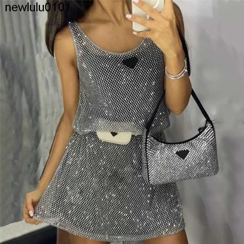 

Designer Shiny Rhinestone Mesh Vest prads Dresses With Base Skirt Ladies Party Night Club Silver Dress