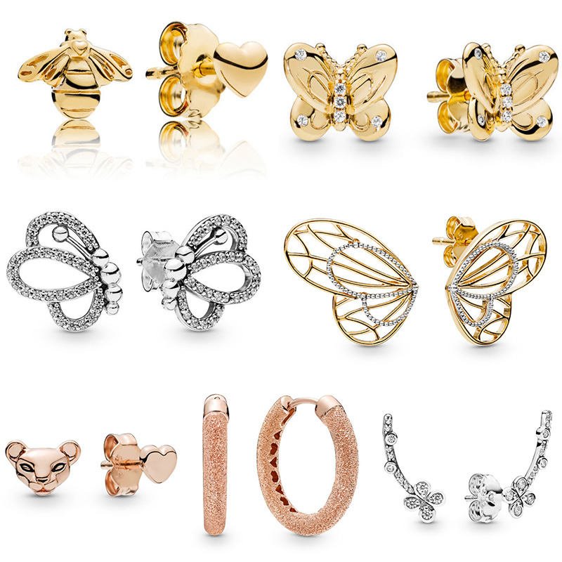 

925 Silver Fit Pandora Earrings Crystal Fashion women Jewelry Gift Ear Studs 7 Style Earrings With Rose Gold Bee Butterfly Lion Crystal