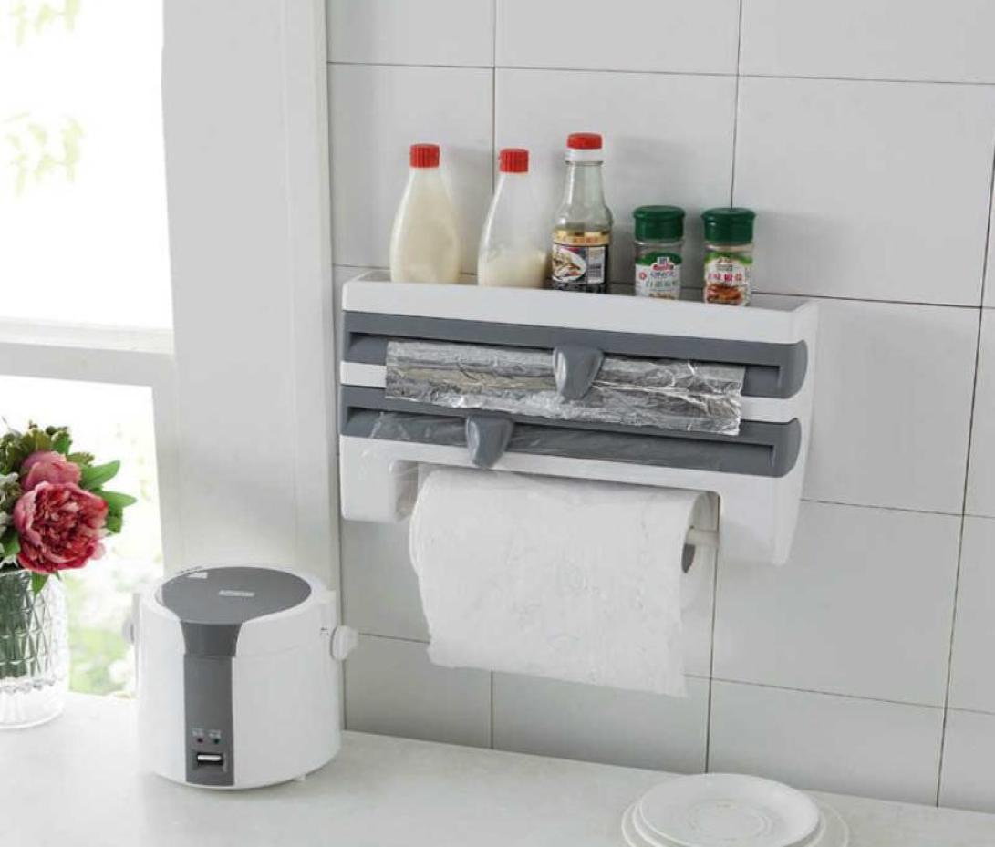 

Kitchen Freshkeeping Film Storage Rack Multifunctional Foil Barbecue Paper Towel Wall Mounted Storage Rack With Cutter 2107059359787