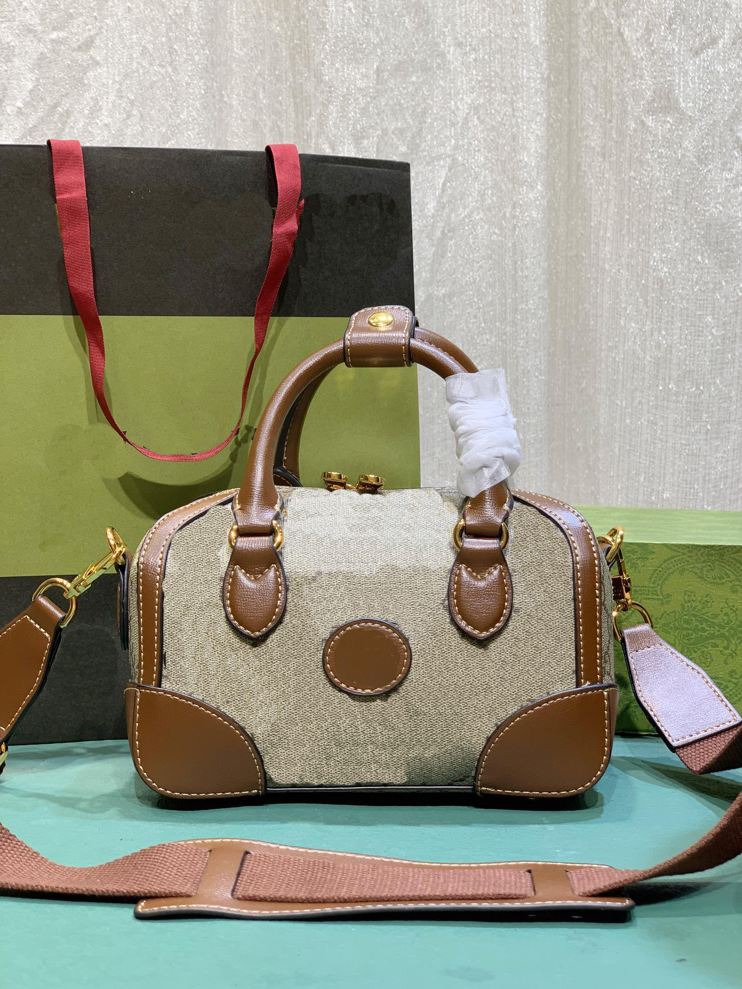 

2023 Designer Luxury Boston Bag Travel Mini Bag 723307, Brown#red green shoulder straps