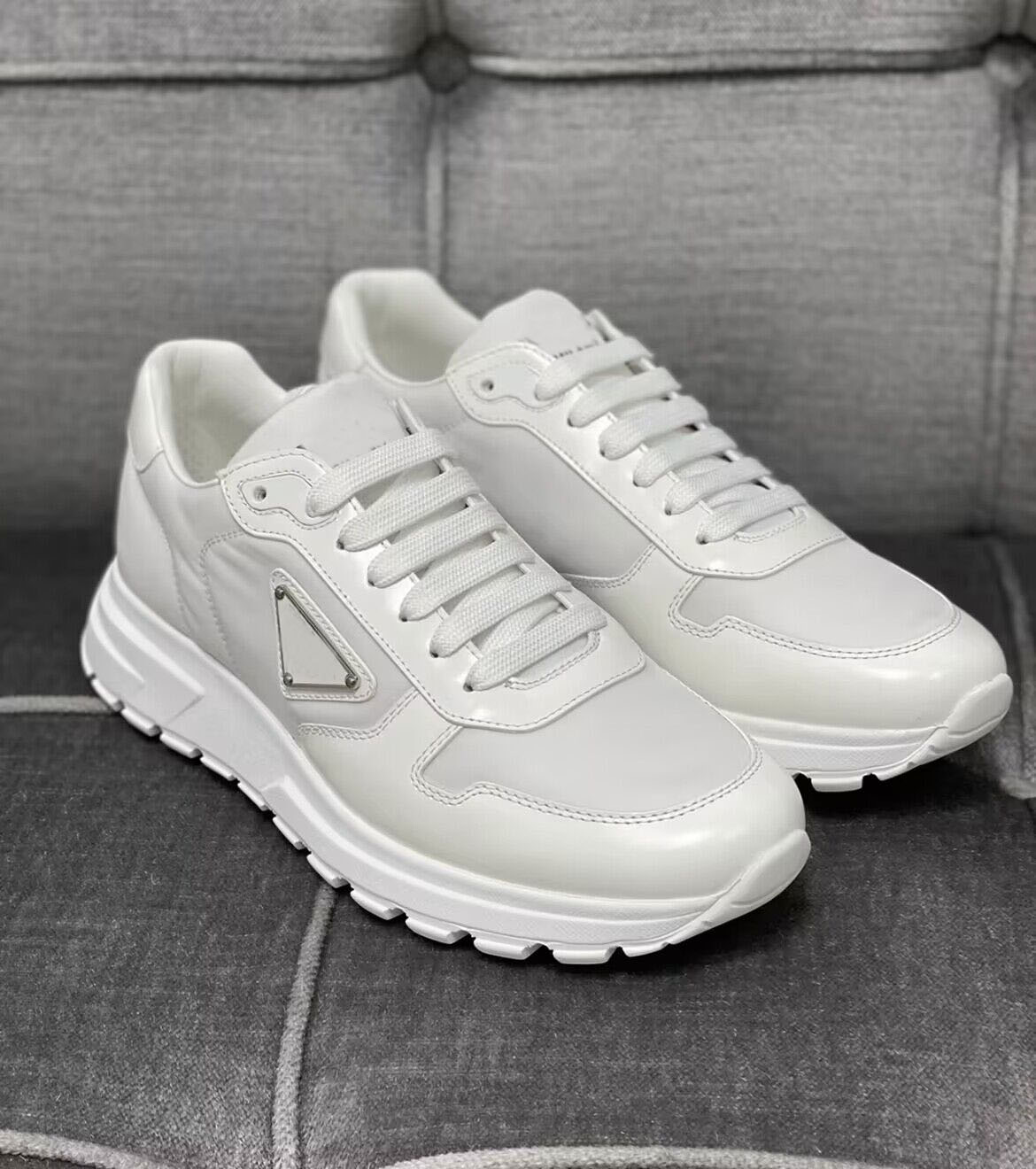 

Top Brand Prax 01 Men Sneaker Shoes White Black Brushed Leather Trainers Man Technical Rubber Re-Nylon Runner Sports Discount Footwear Original Box, 11
