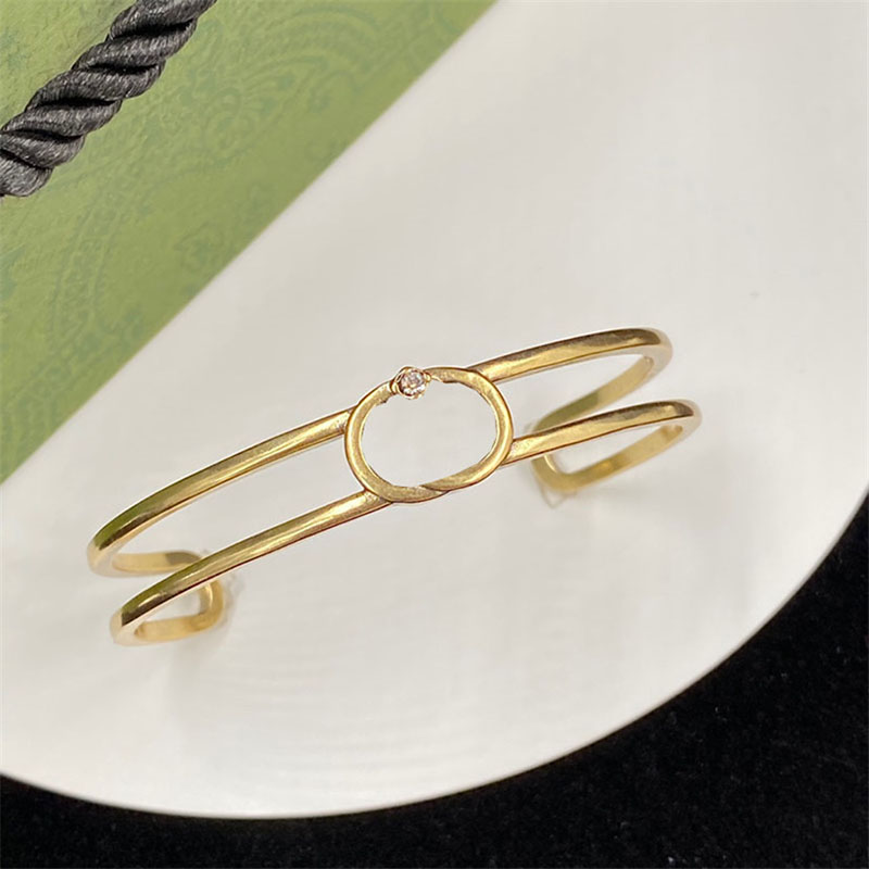 

Double Ring Gold Bangle Women Oval Geometry Bracelets One Diamond Hollow Simple Jewelry
