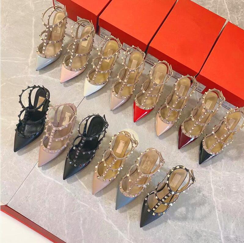 

Designer Women Sandals Dress Shoes 2-Straps Rock Stud High Heels Leather Rivet Black Pointed Toes Lady Sexy Fashion Party Wedding Shoe Without Box 35-44, All white matte