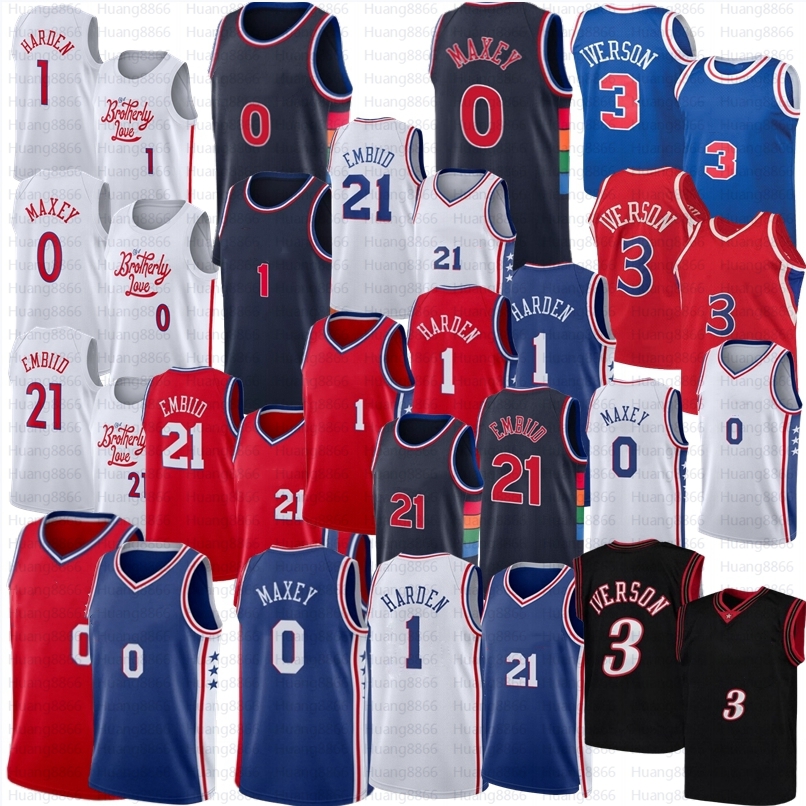 

James Sixer Harden Tyrese Maxey Joel Embiid Basketball Allen Iverson Jersey 2023 City White Edition Retro Shirt Blue Jerseys, As