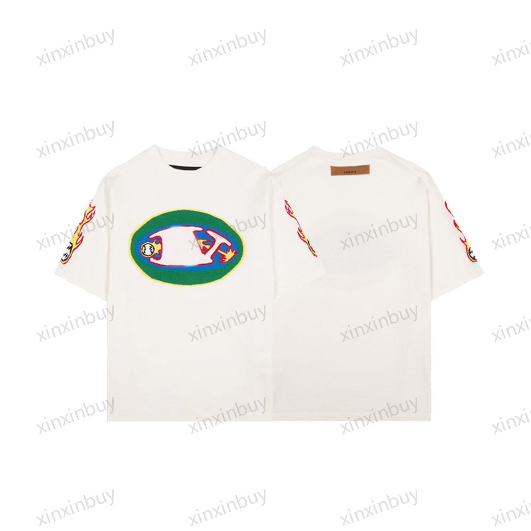 

xinxinbuy Men designer Tee t shirt 23ss Flame jacquard knitted short sleeve cotton women Black White blue khaki S-2XL, Multi