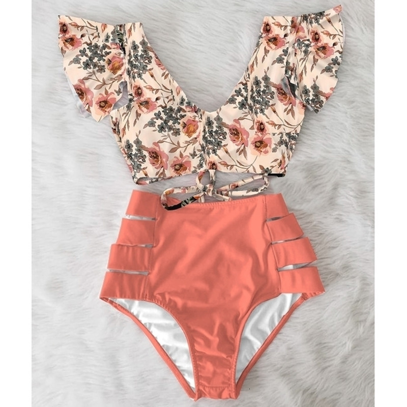 

High Waist Ruffled Sexy Bikini Set Flounce Biquini Swimwear Women Two Pieces Swimsuit Floral Beachwear VNeck Bathing Suit 220616