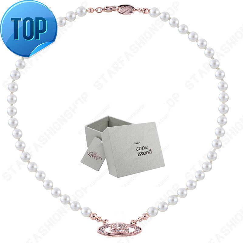 

Saturn Necklaces Pearl Beaded Diamond Tennis Necklace Woman Silver Chains Vintage Trendy Style Desigenr With box