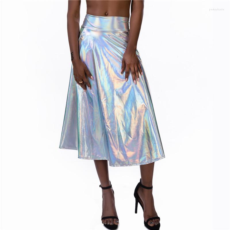 

Skirts Sparkle Pu Holographic Gradient Color A-line Pocket Summer Sexy Women Slim Long Skirt Music Festival Streetwear Harajuku, Blue