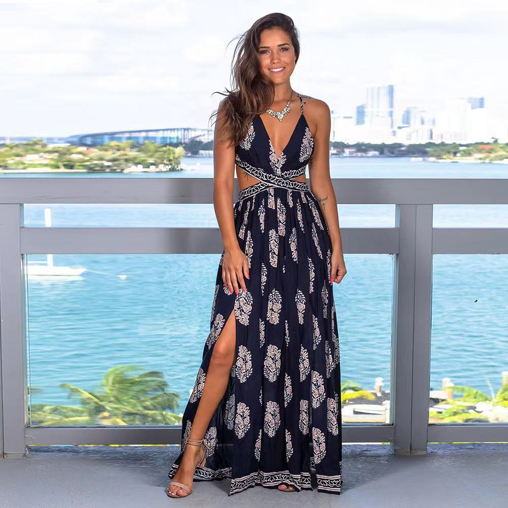 

2023 Summer Long Beach Dresses Women Casual Sleeveless Print Chiffon Bohemian Dress Free Ship, Black