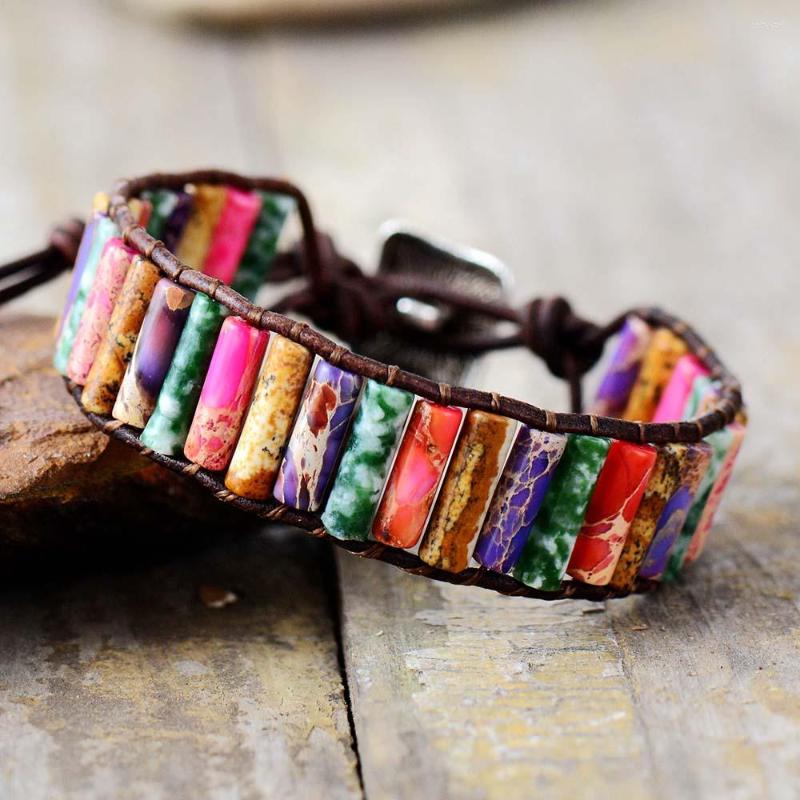 

Strand Boho Bracelet Tube Shape Natural Stone Single Leather Wrap Bracelets Semi Precious Beads Women Beaded Cuff Braclet Dropship