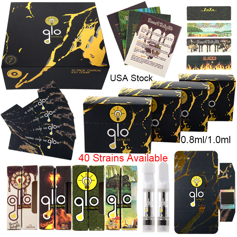 

USA Stock 40 Strains Glo Extract Vape Cartridges NFC Sticker Packaging 0.8ml 1ml Atomizers Empty Dab Pens Carts Glass Tank Thick Oil 510 Thread Ceramic Wax Vaporizer