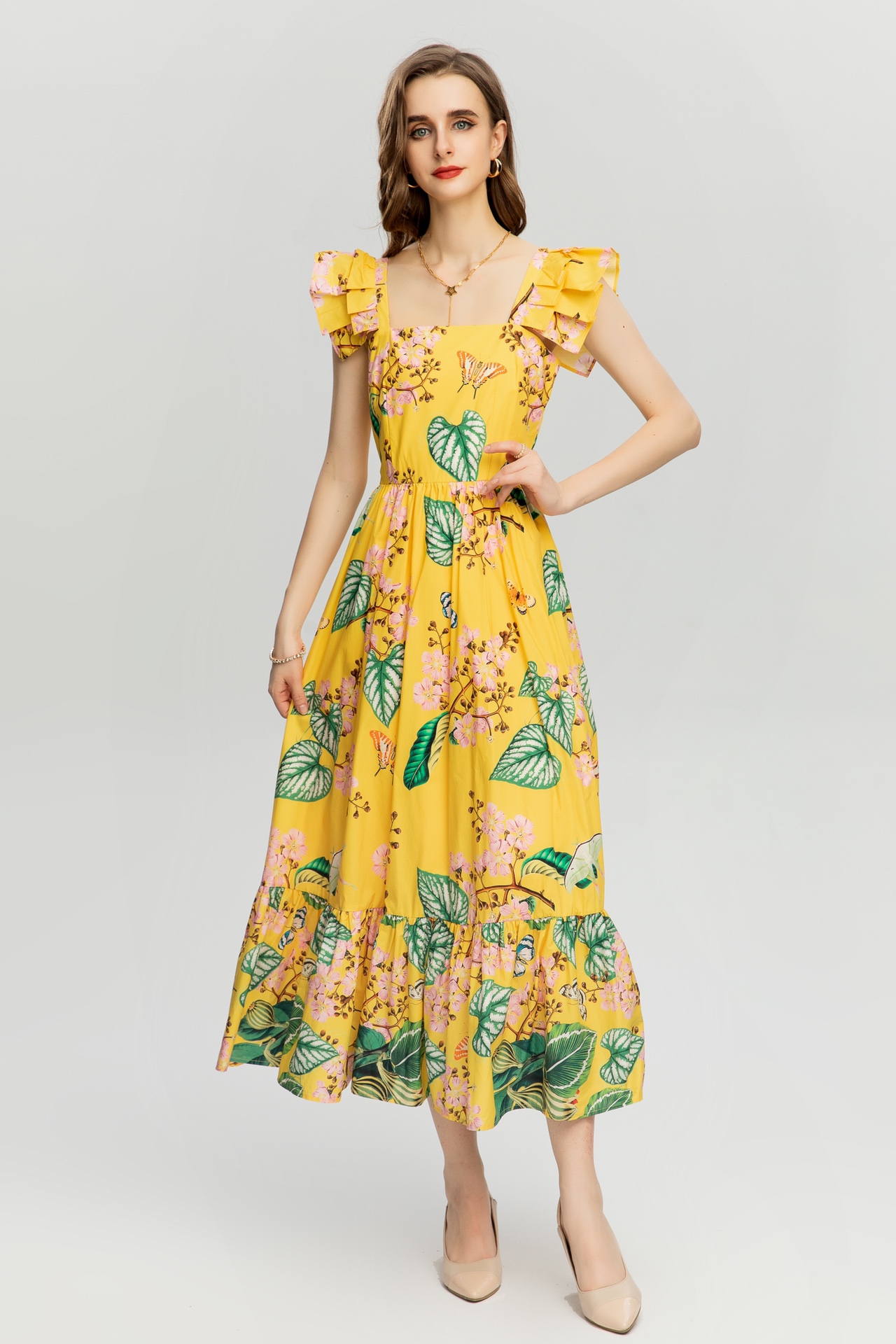 

Runway Dress 2023 European holiday style camisole sleeveless cotton printed dress, Yellow